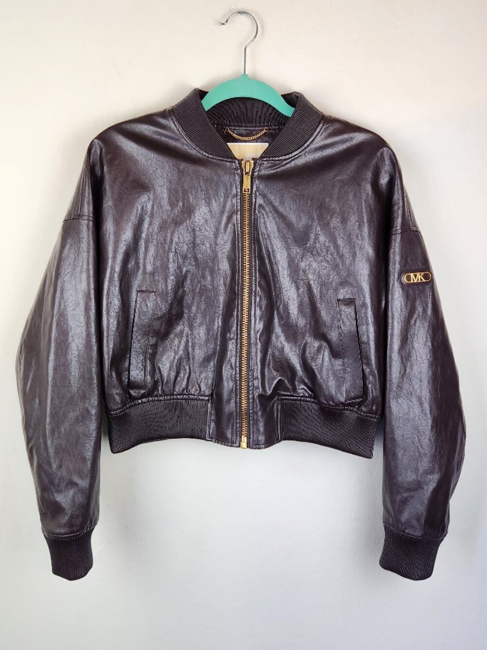 Michael Kors Chocolate Brown Crop Faux Leather Blouson Jacket M